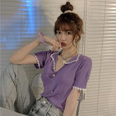 Blumenkragen Retro Kurzarm Bluse Shirt